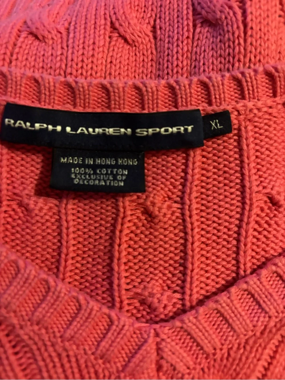 VTG Ralph Lauren Sport Hot Pink Cable Knit V-Neck Sweater XL